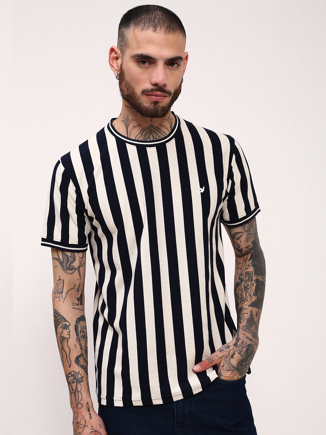 Men Navy Blue Striped T Shirt