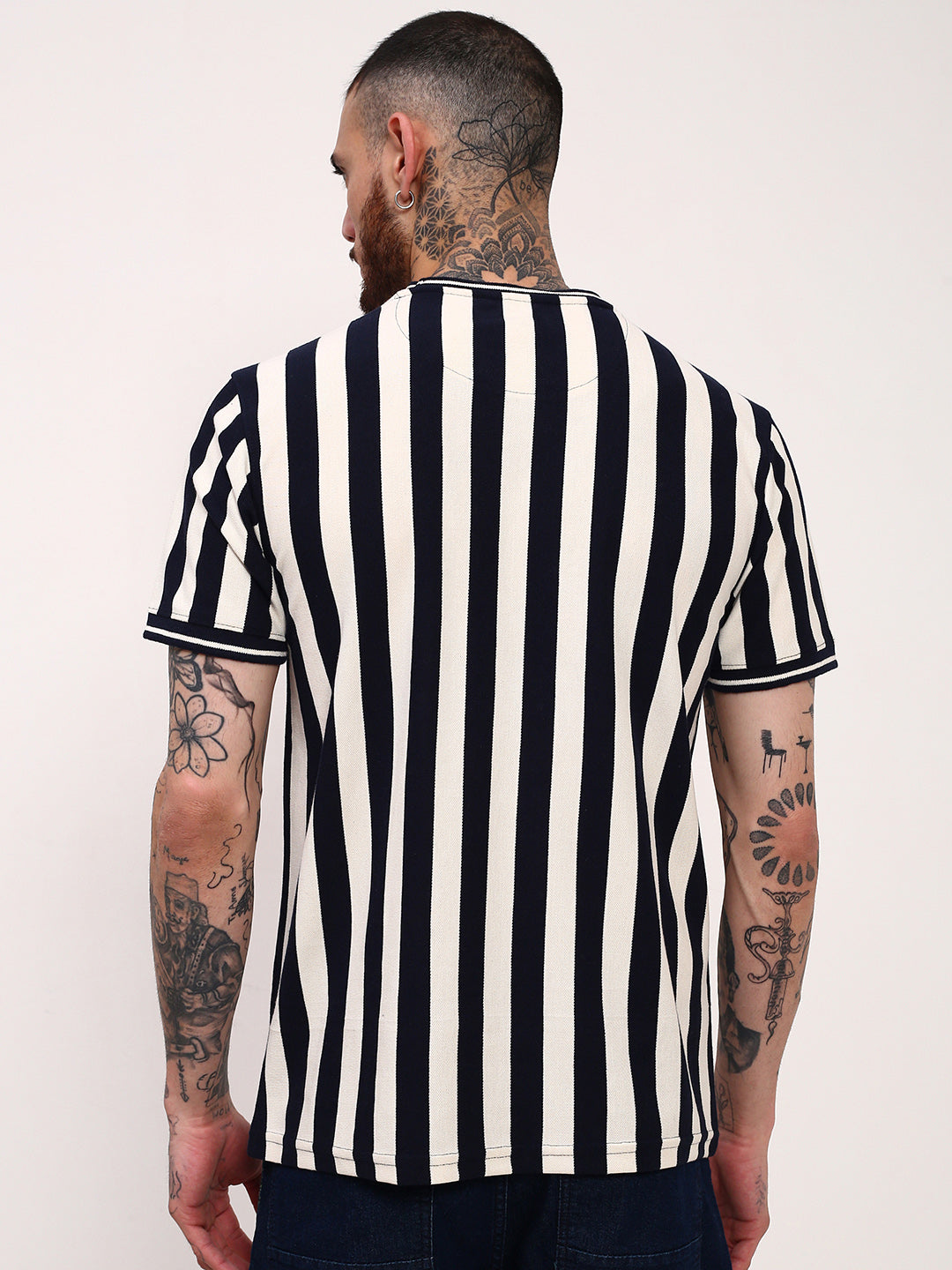 Men Navy Blue Striped T Shirt