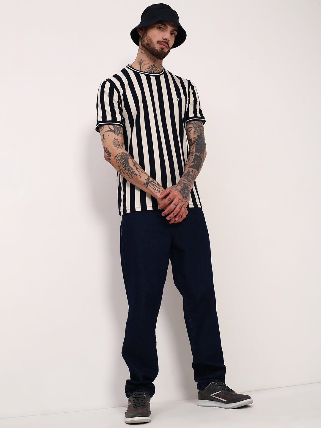 Men Navy Blue Striped T Shirt