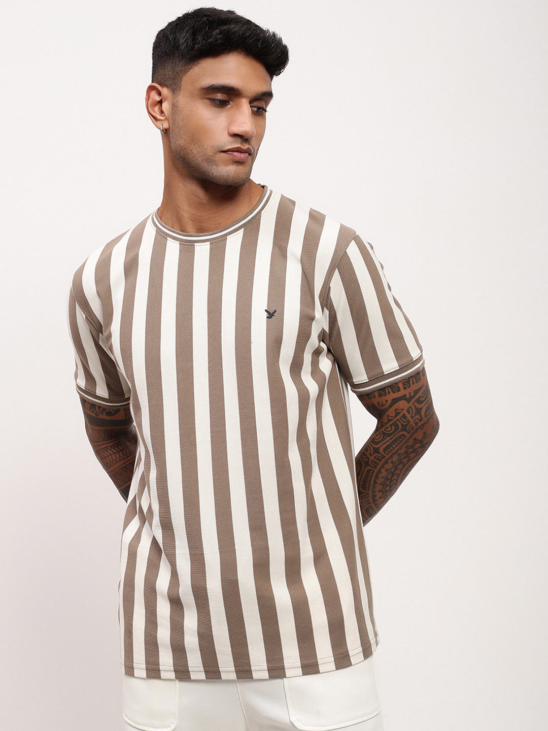 Men Olive Striped T Shirt