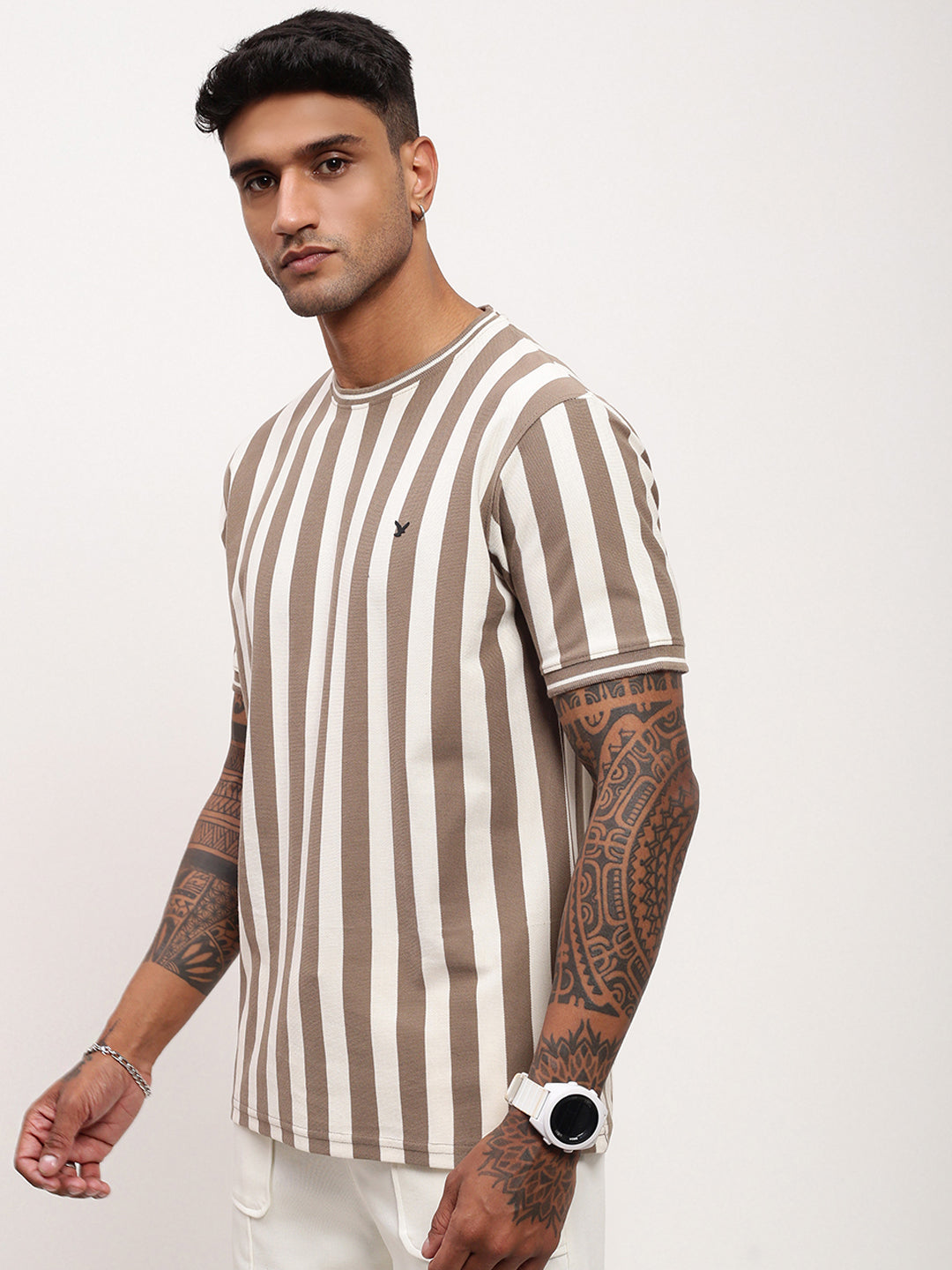 Men Olive Striped T Shirt