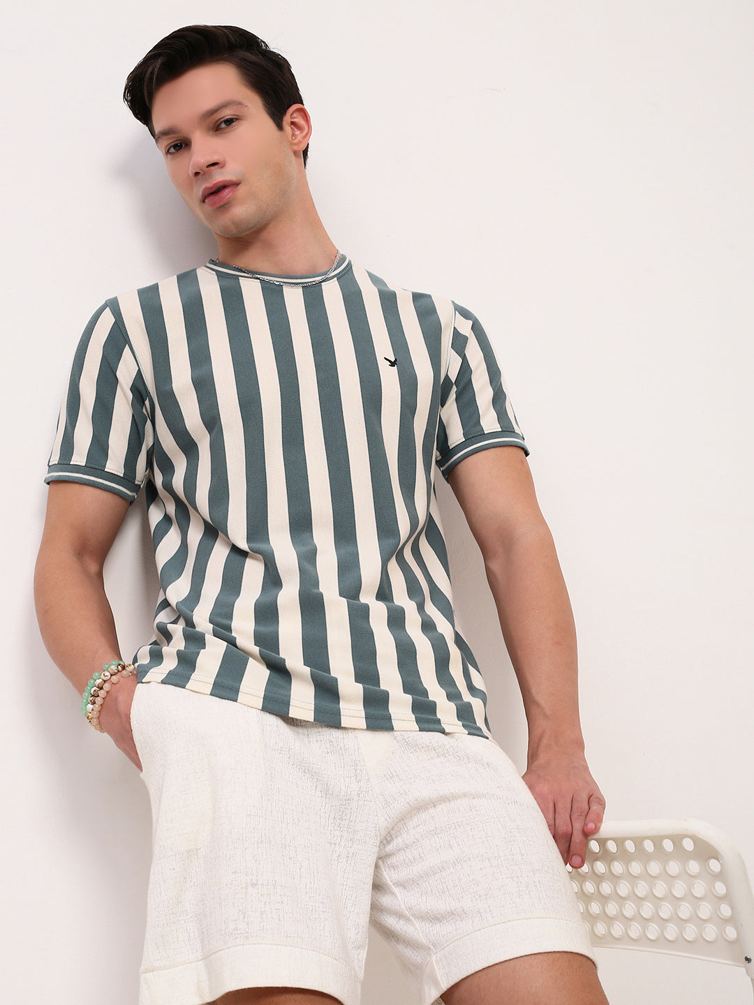 Men Sea Green Striped T Shirt