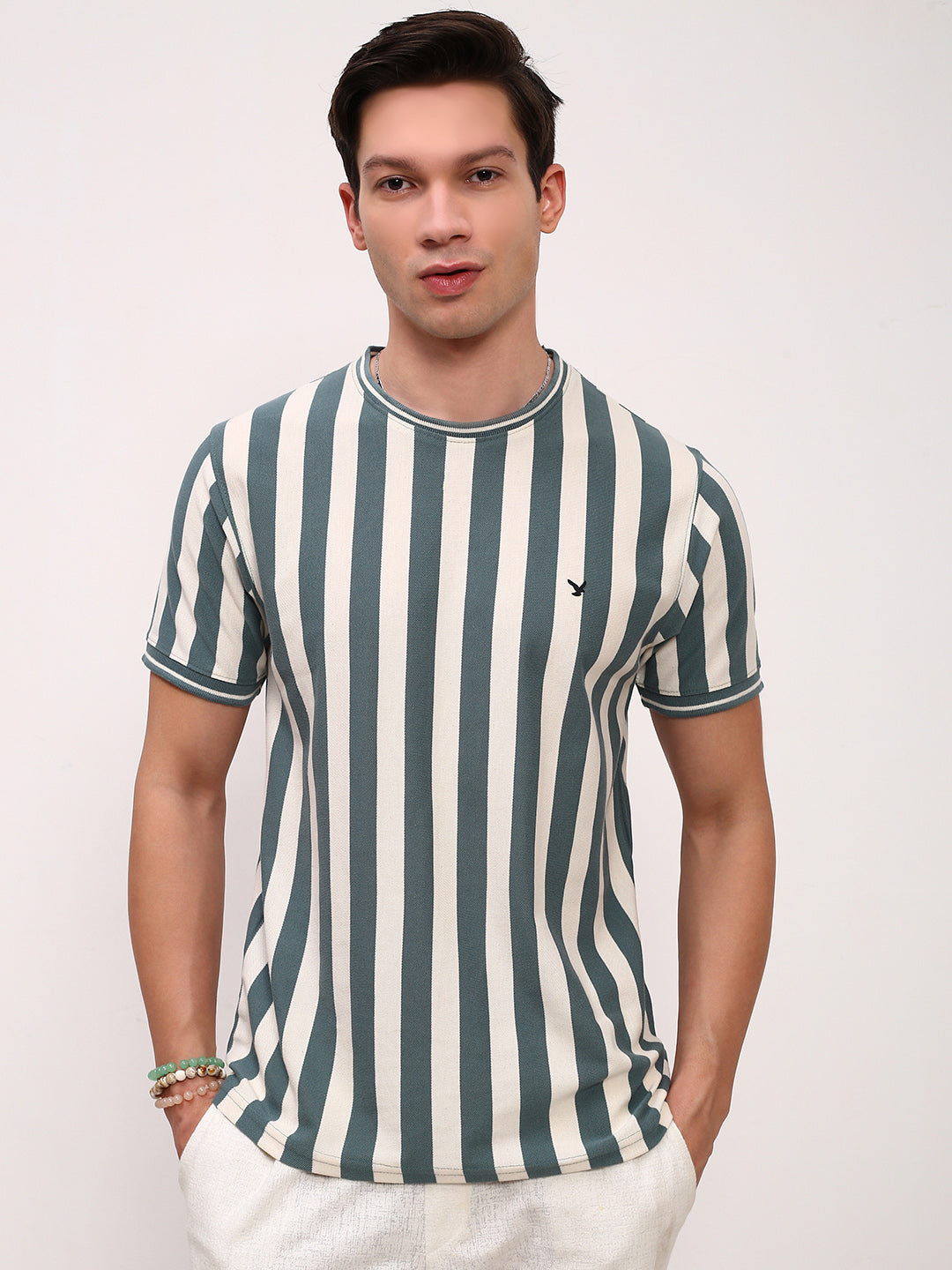 Men Sea Green Striped T Shirt