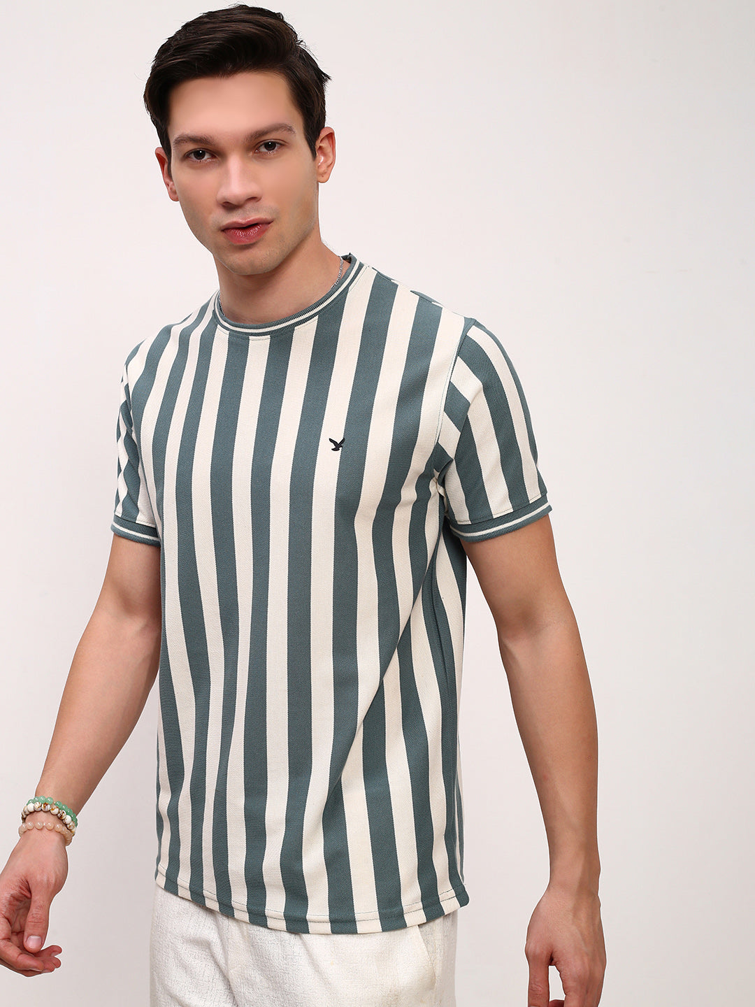 Men Sea Green Striped T Shirt