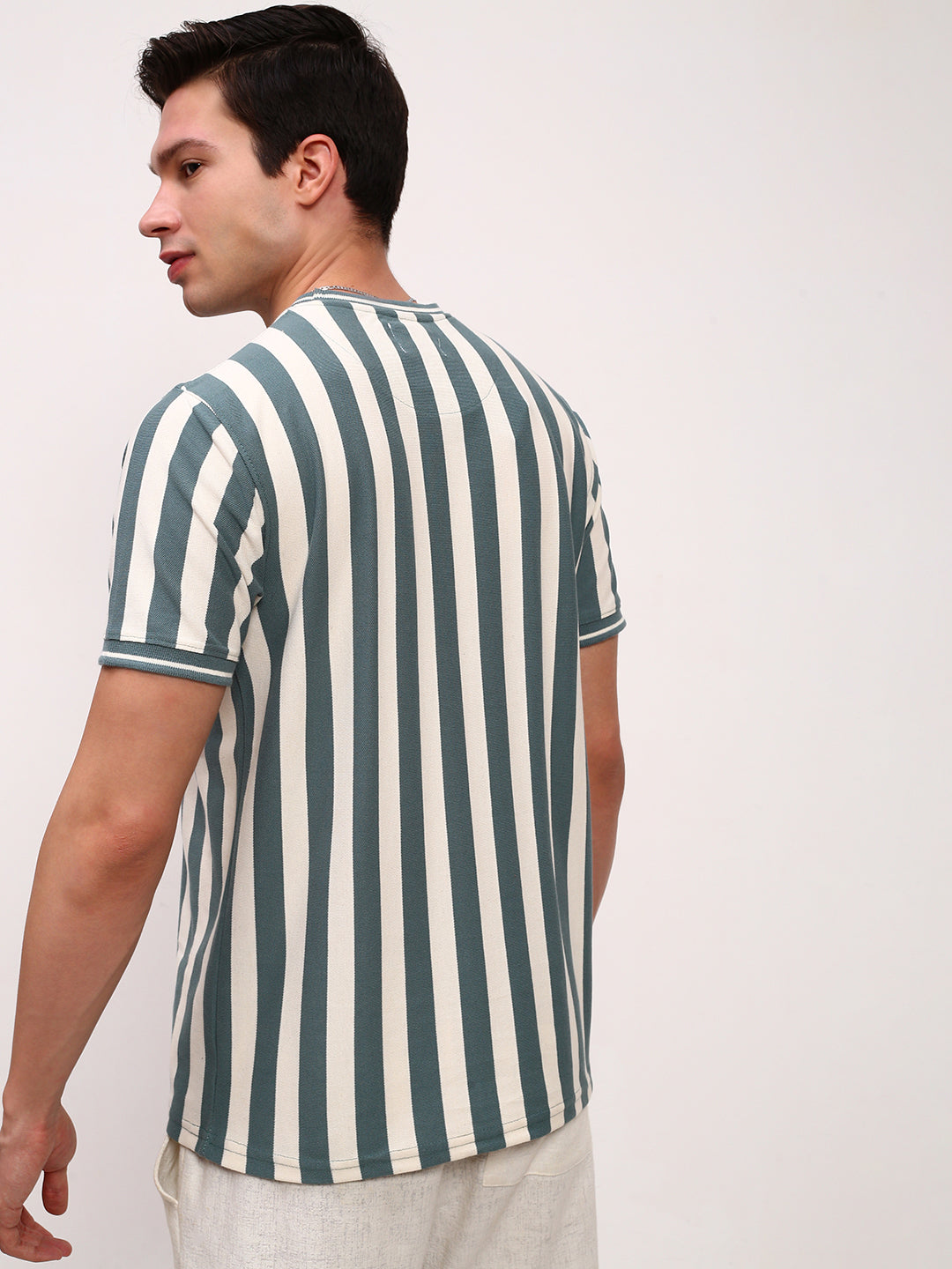 Men Sea Green Striped T Shirt