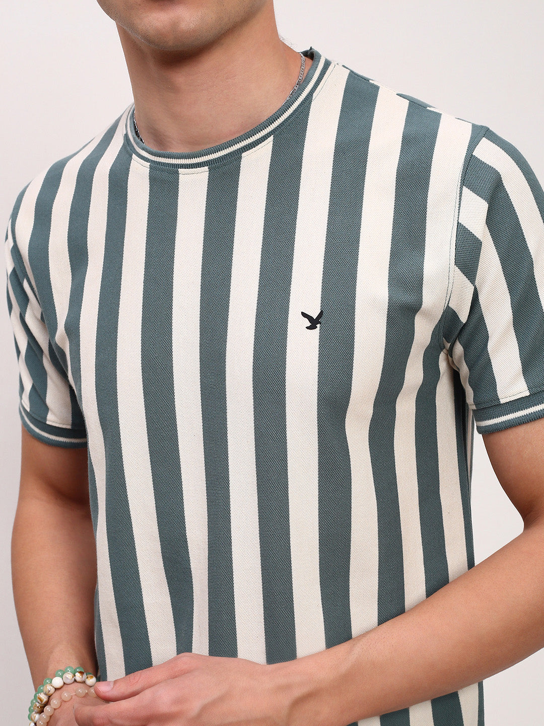 Men Sea Green Striped T Shirt