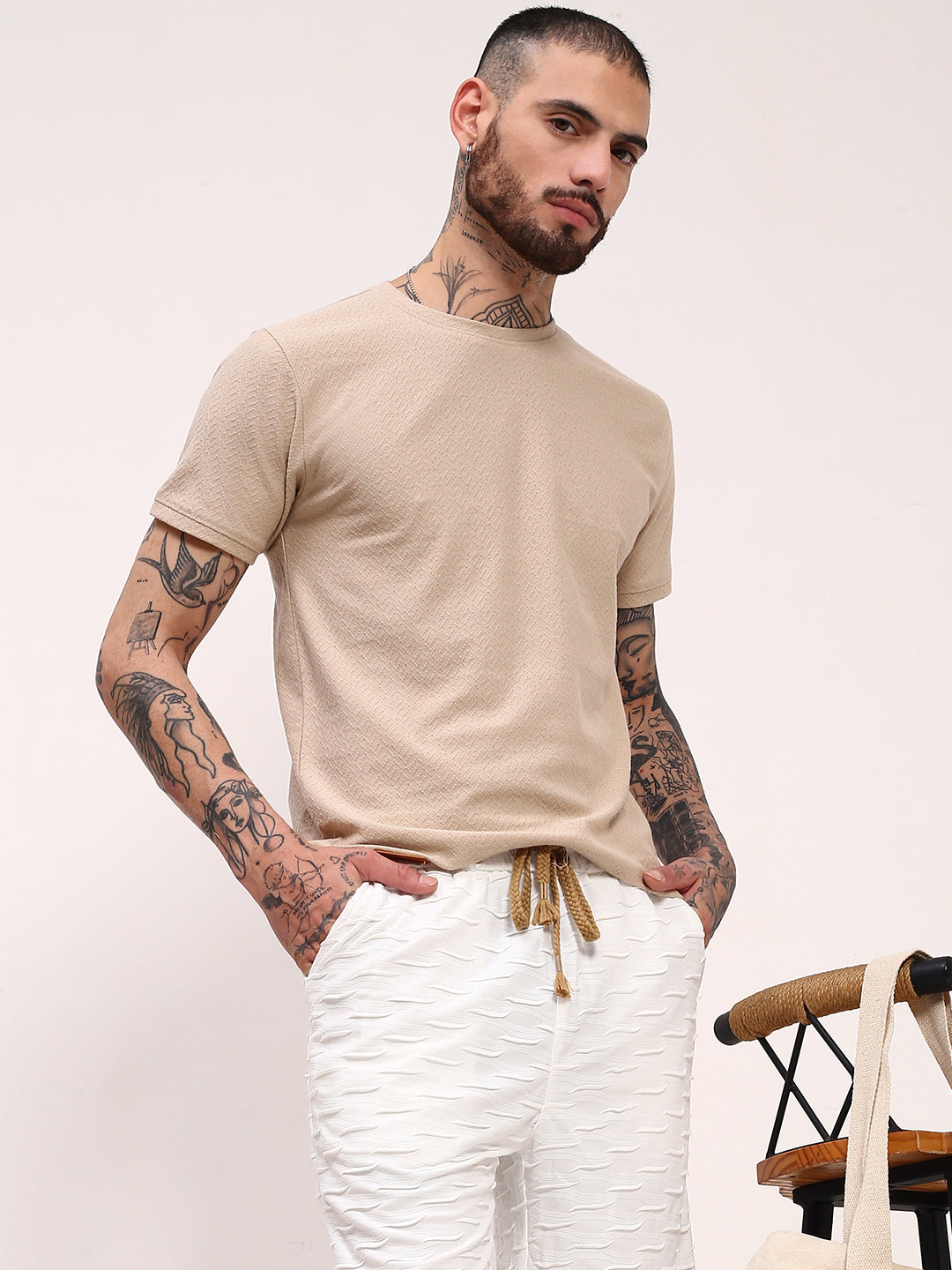 Men Beige Solid T Shirt