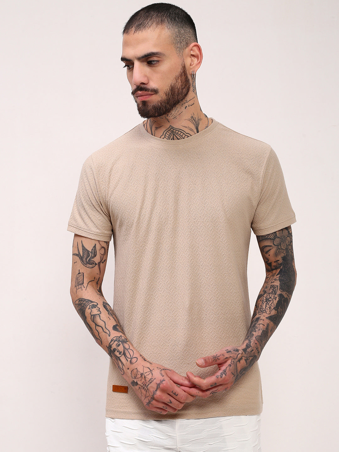 Men Beige Solid T Shirt