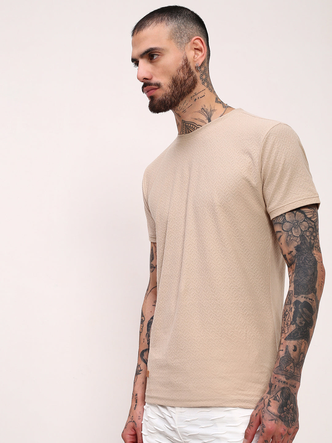 Men Beige Solid T Shirt