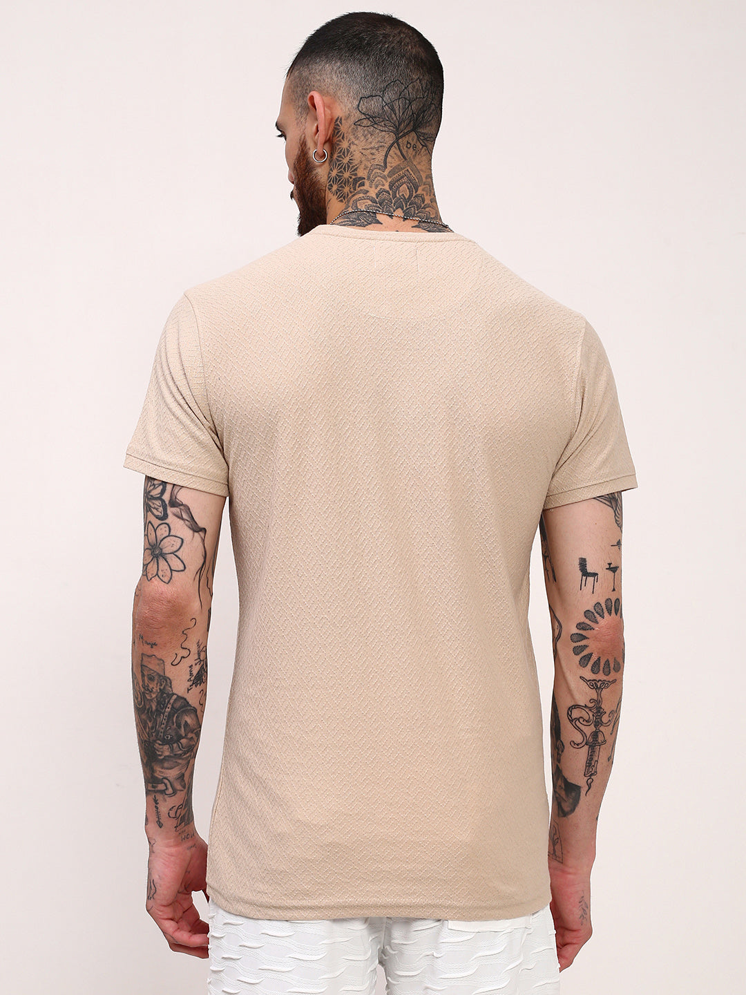 Men Beige Solid T Shirt