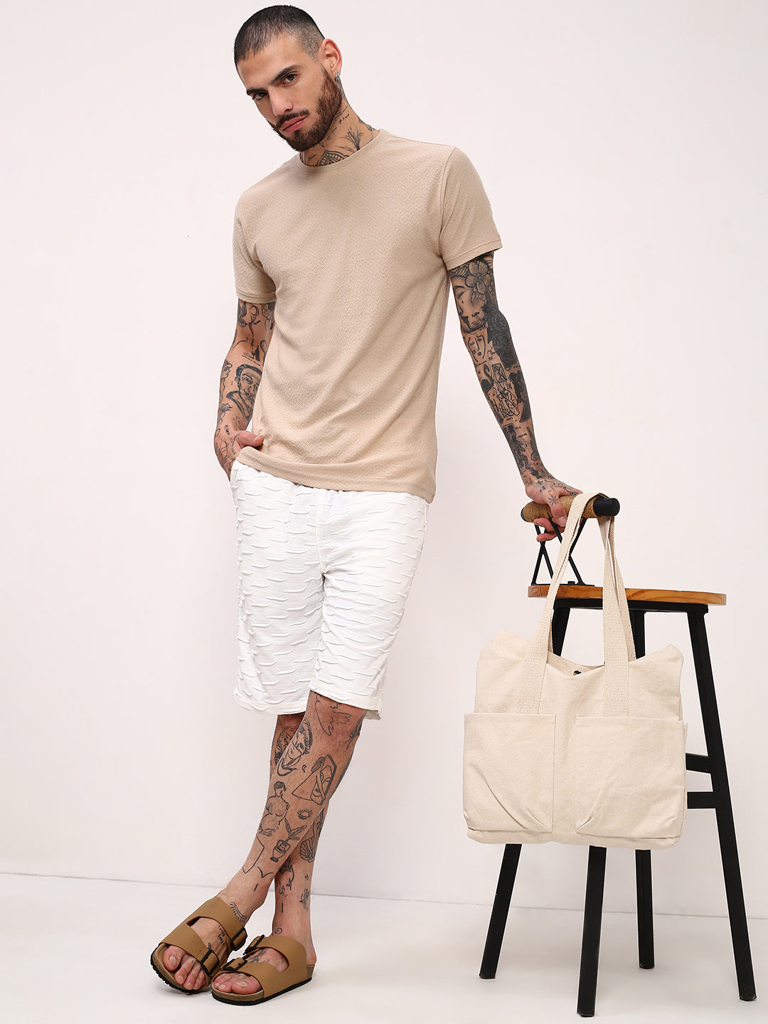 Men Beige Solid T Shirt