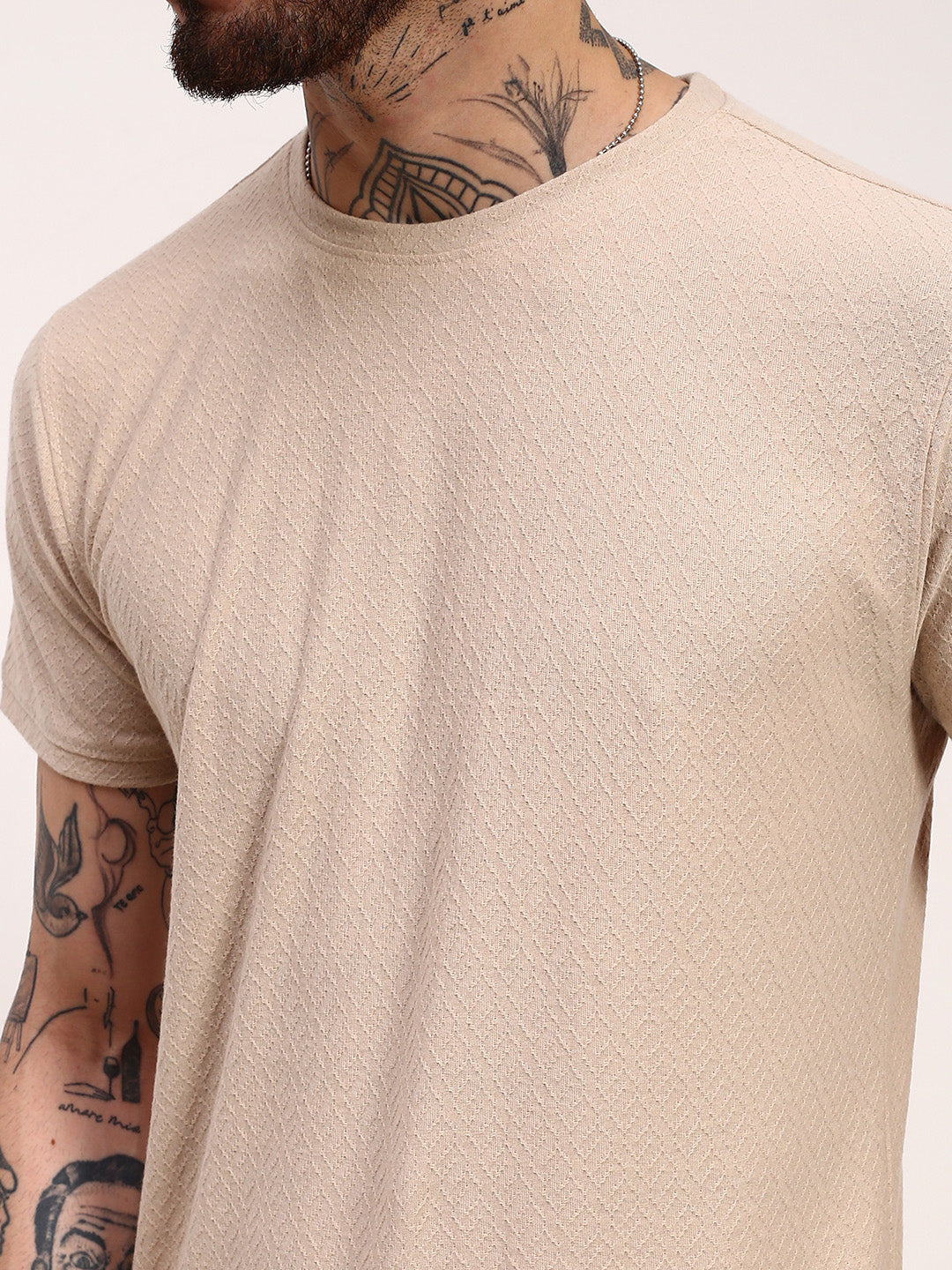 Men Beige Solid T Shirt