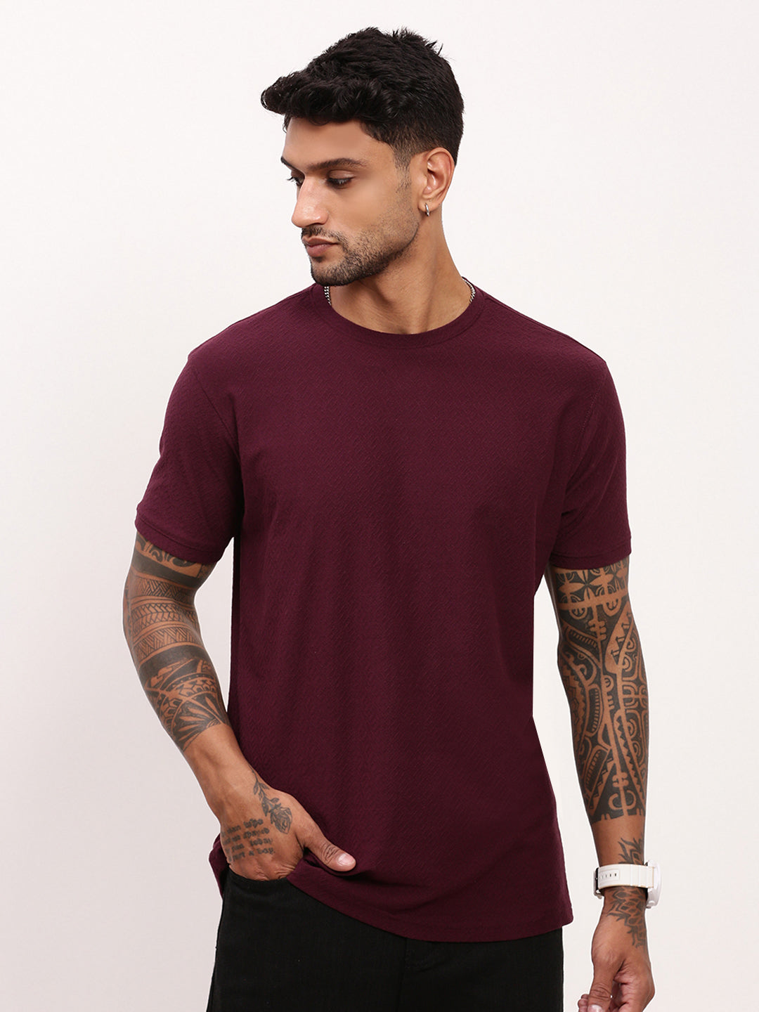 Men Maroon Solid T Shirt