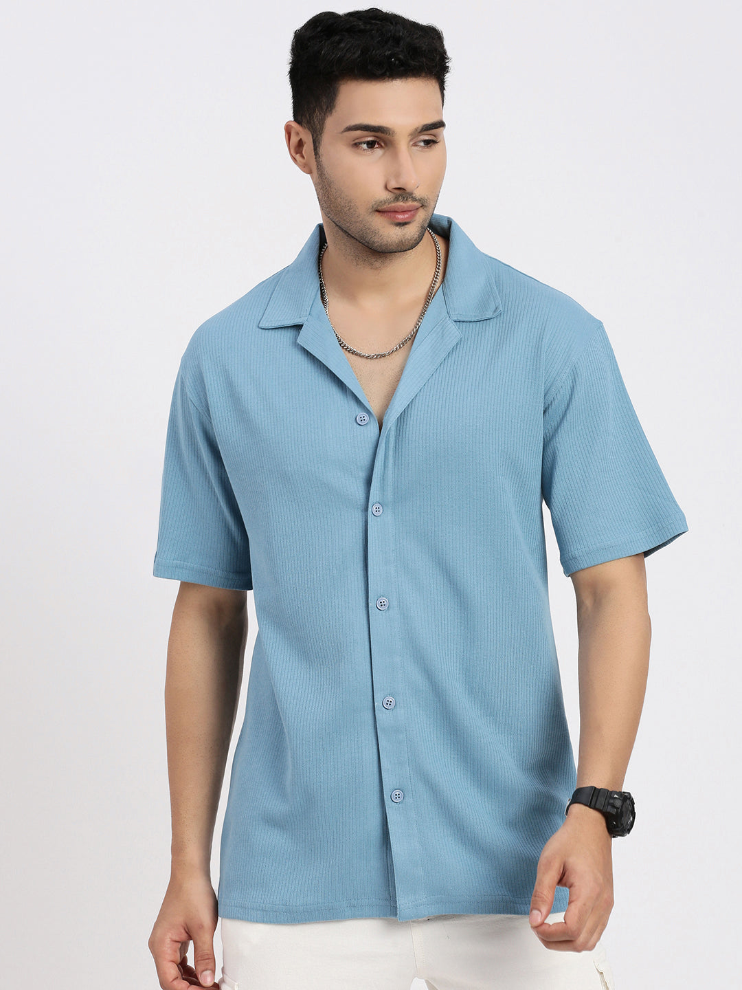 Men Blue Cuban Collar Solid Shirt