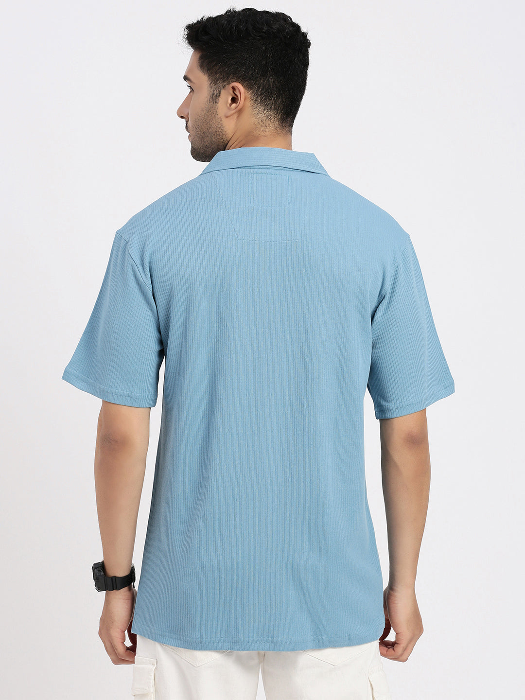 Men Blue Cuban Collar Solid Shirt