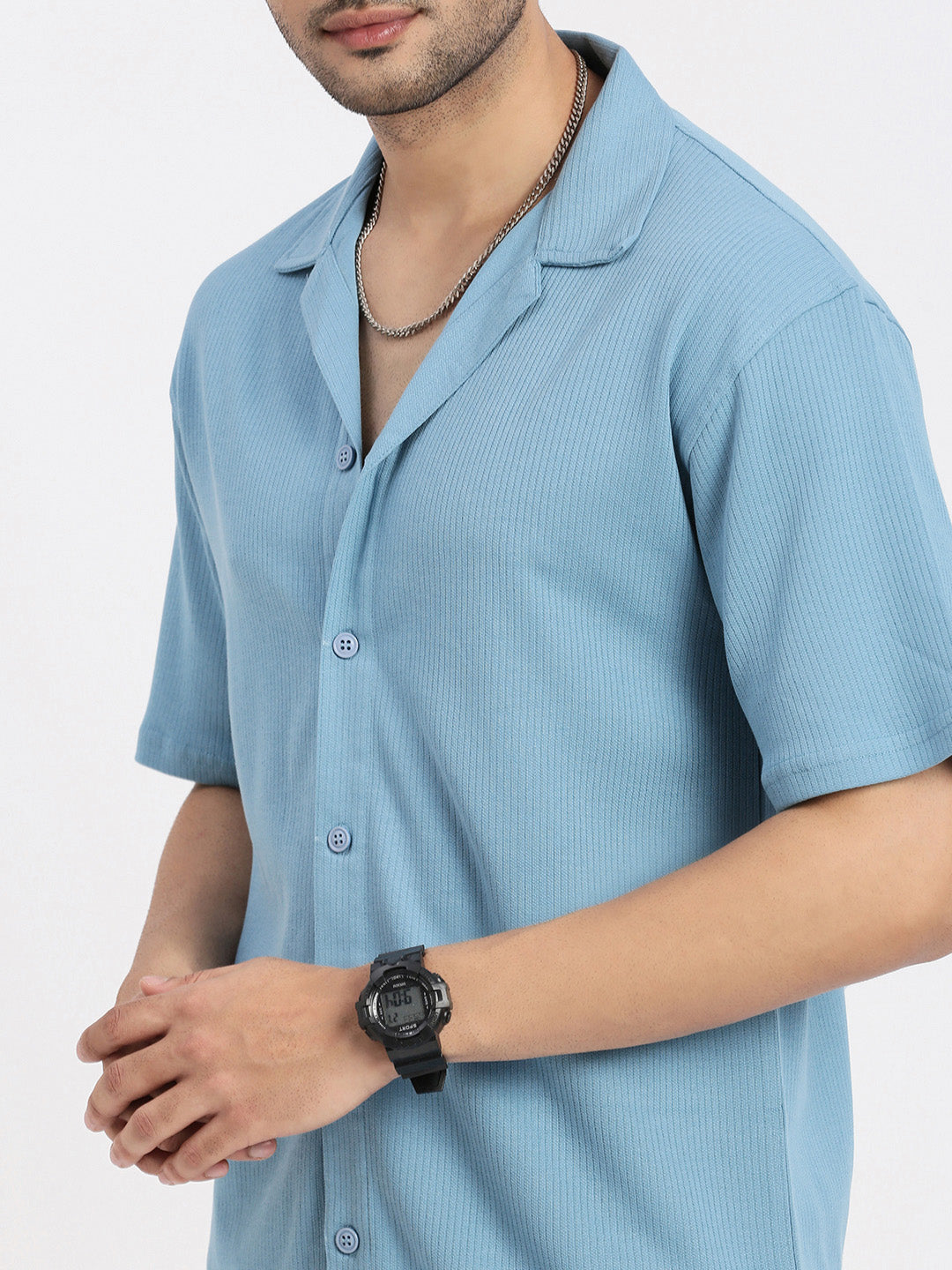 Men Blue Cuban Collar Solid Shirt