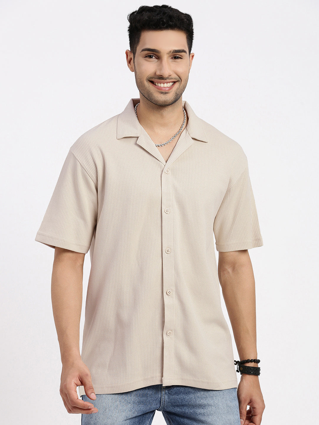 Men Cream Cuban Collar Solid Shirt