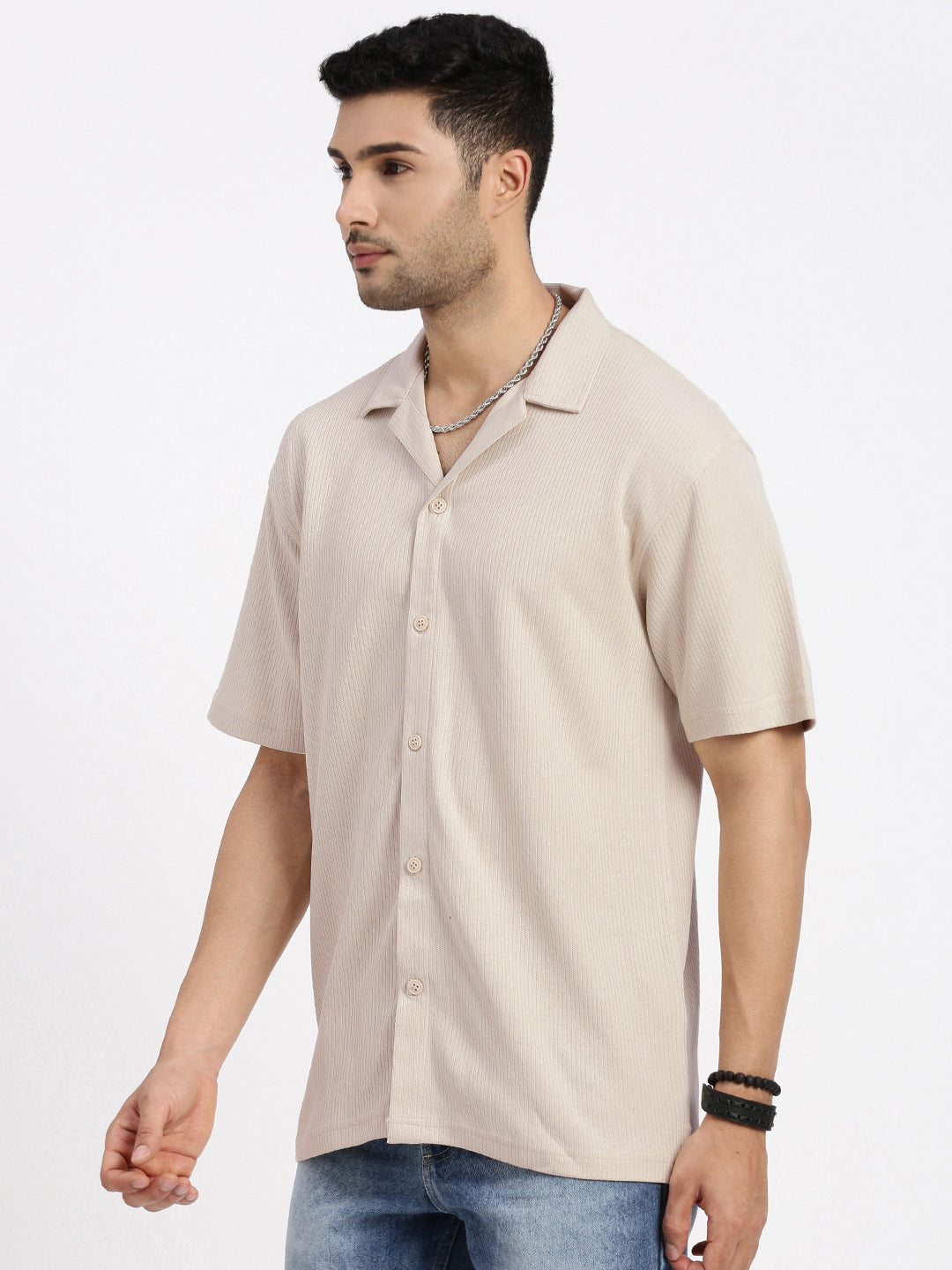 Men Cream Cuban Collar Solid Shirt