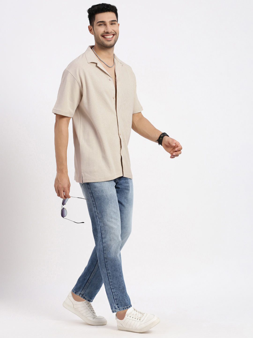 Men Cream Cuban Collar Solid Shirt