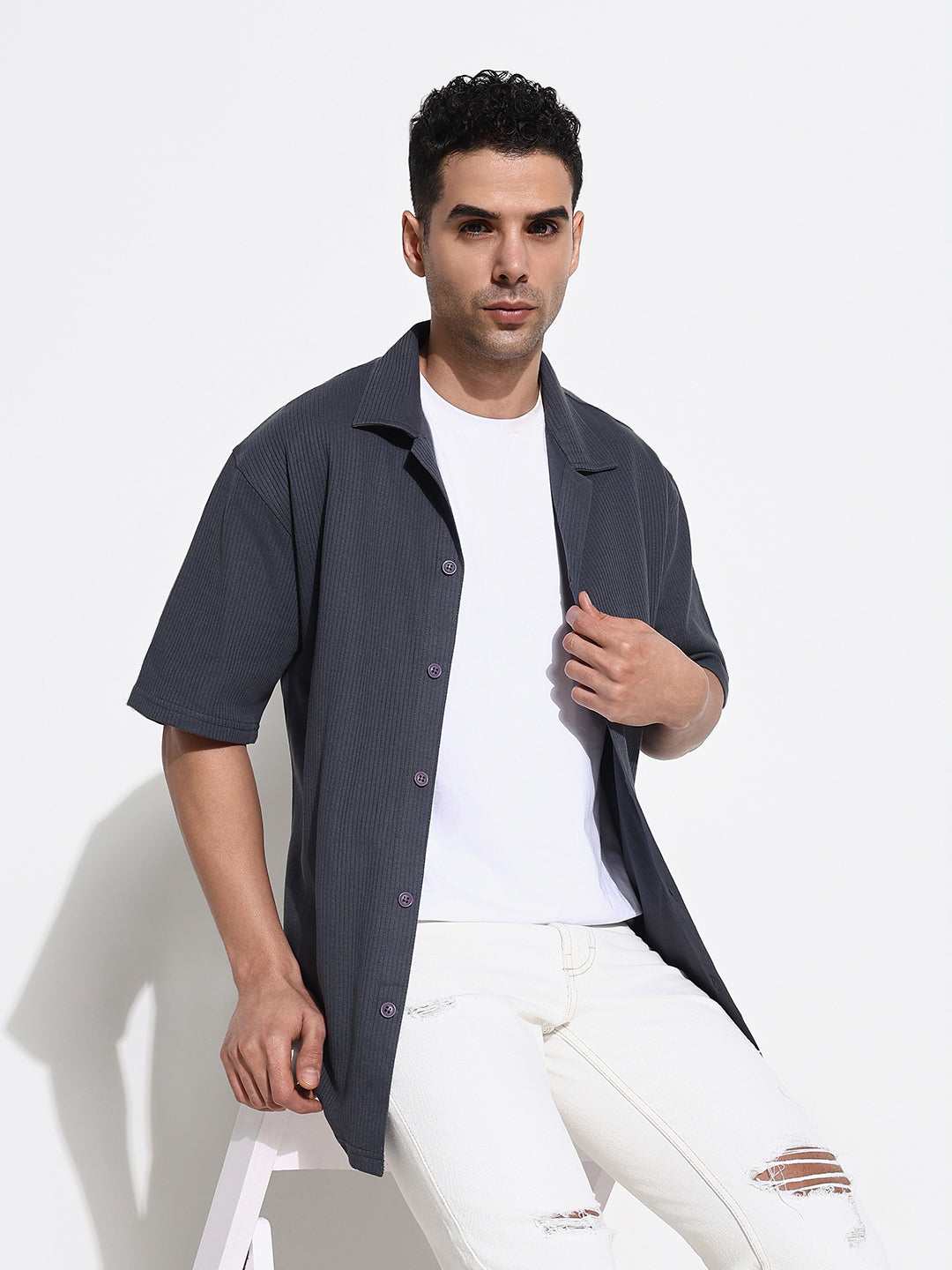 Men Grey Solid Cuban Collar Shirt