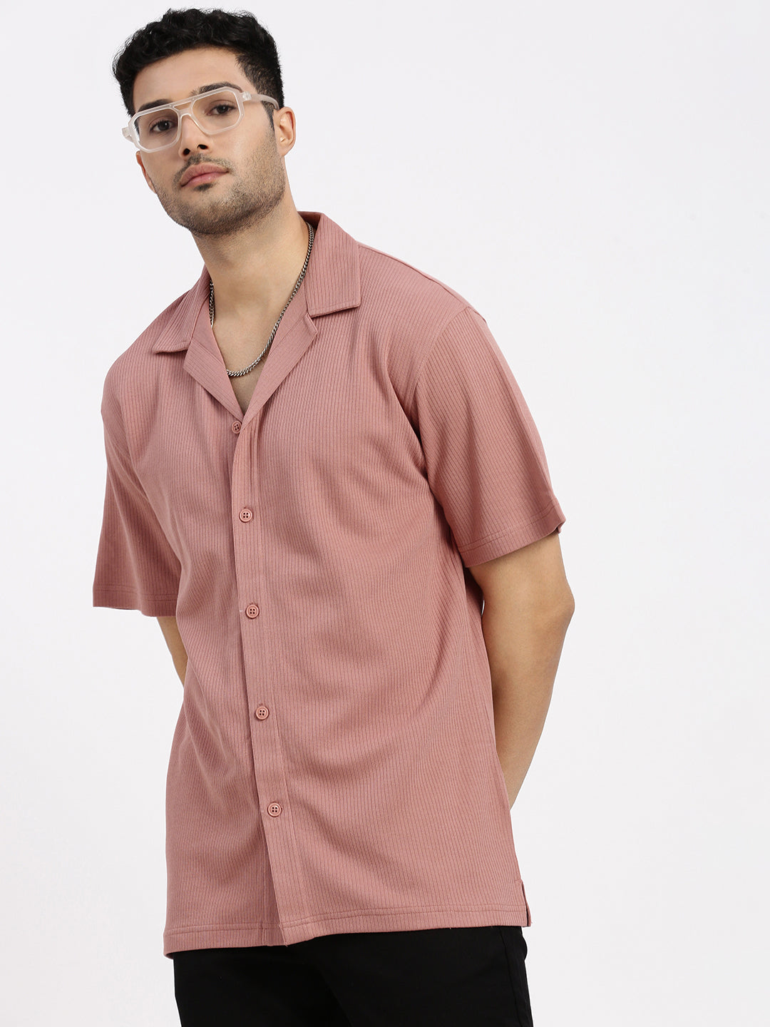 Men Peach Cuban Collar Solid Shirt