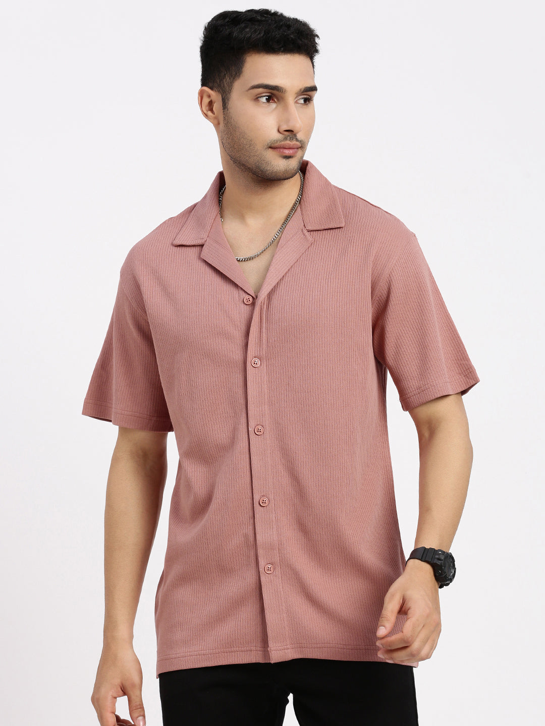 Men Peach Cuban Collar Solid Shirt