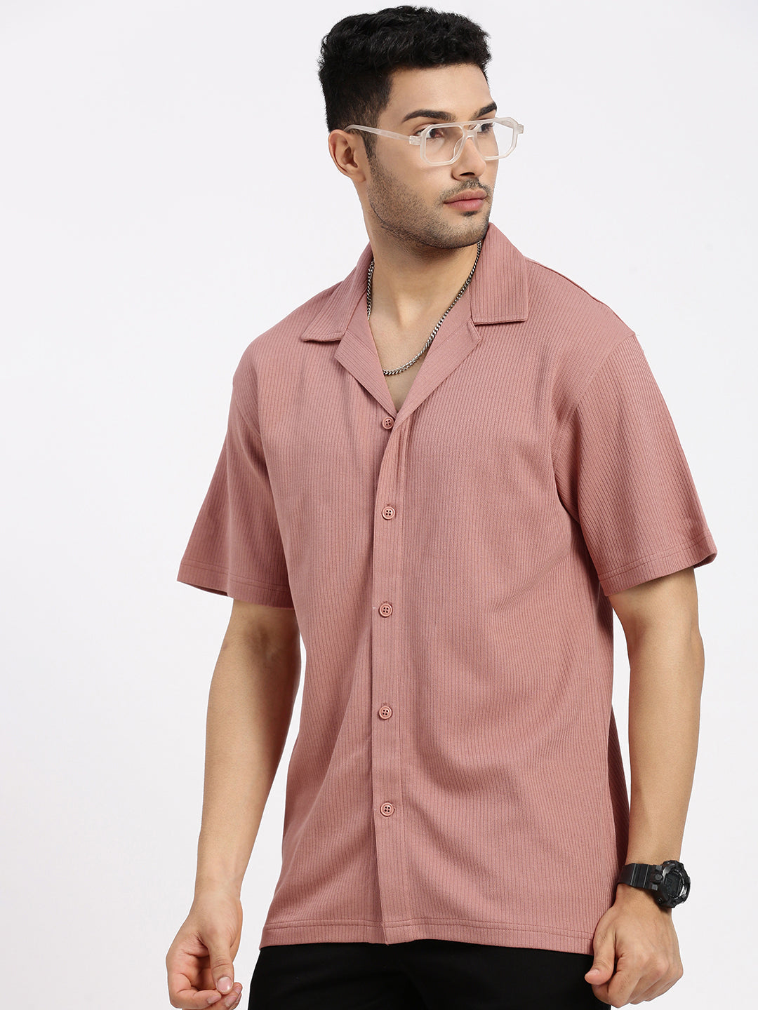 Men Peach Cuban Collar Solid Shirt