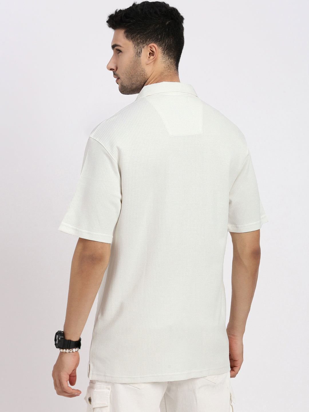 Men White Cuban Collar Solid Shirt