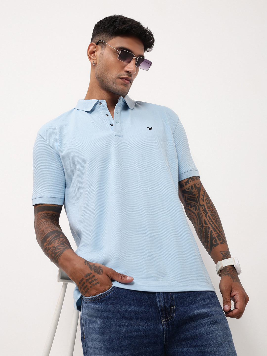 Men Blue Solid T Shirt