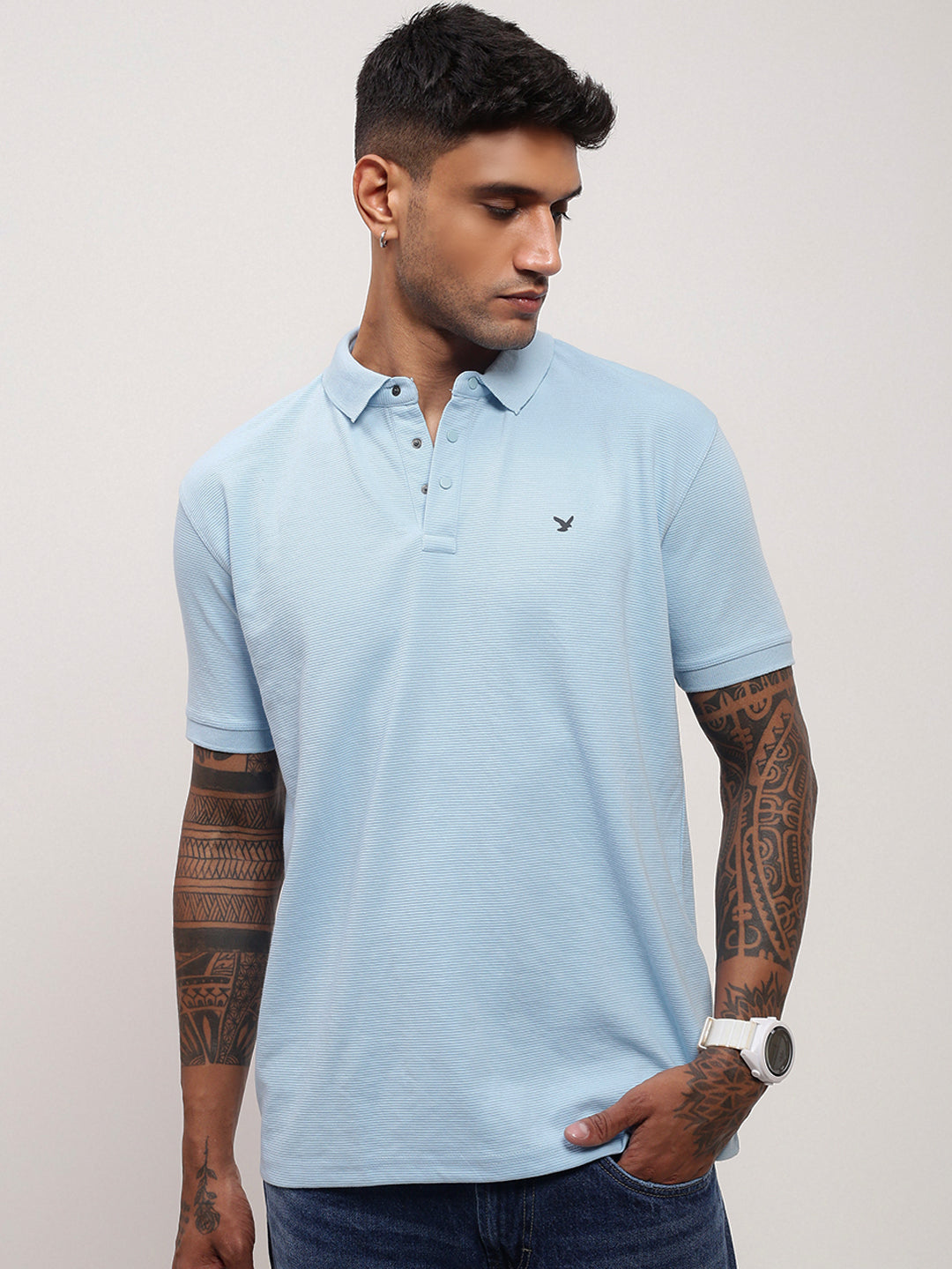 Men Blue Solid T Shirt