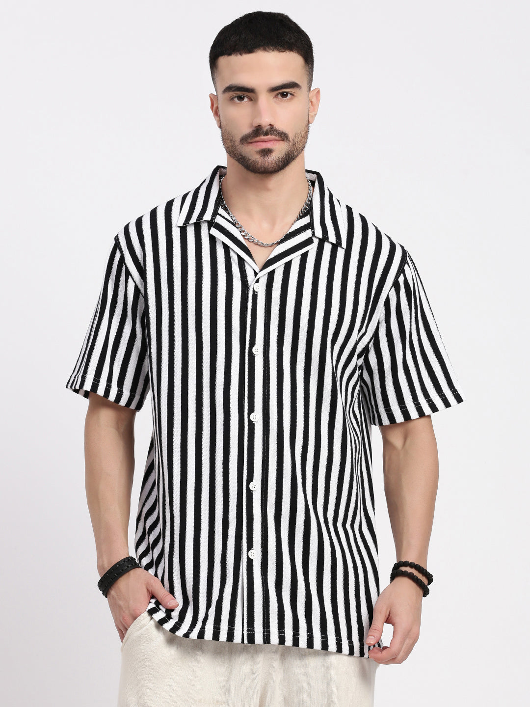 Men Black Cuban Collar Striped Shirt