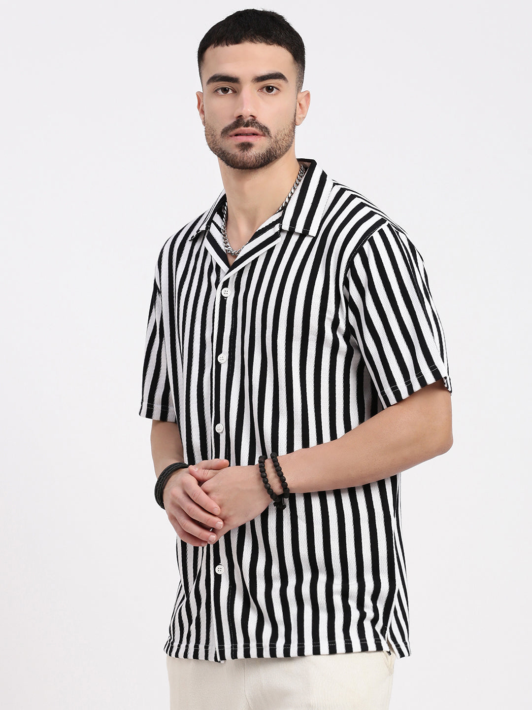 Men Black Cuban Collar Striped Shirt