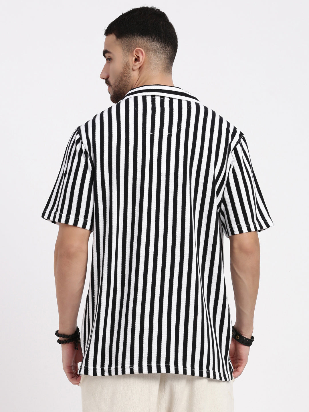 Men Black Cuban Collar Striped Shirt