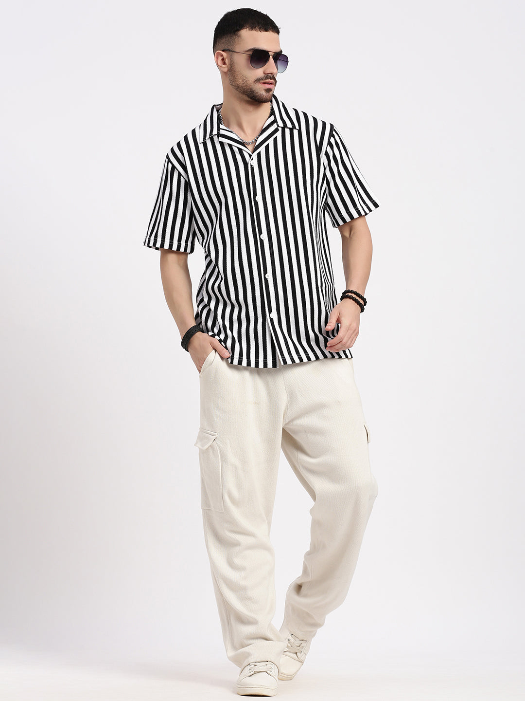 Men Black Cuban Collar Striped Shirt