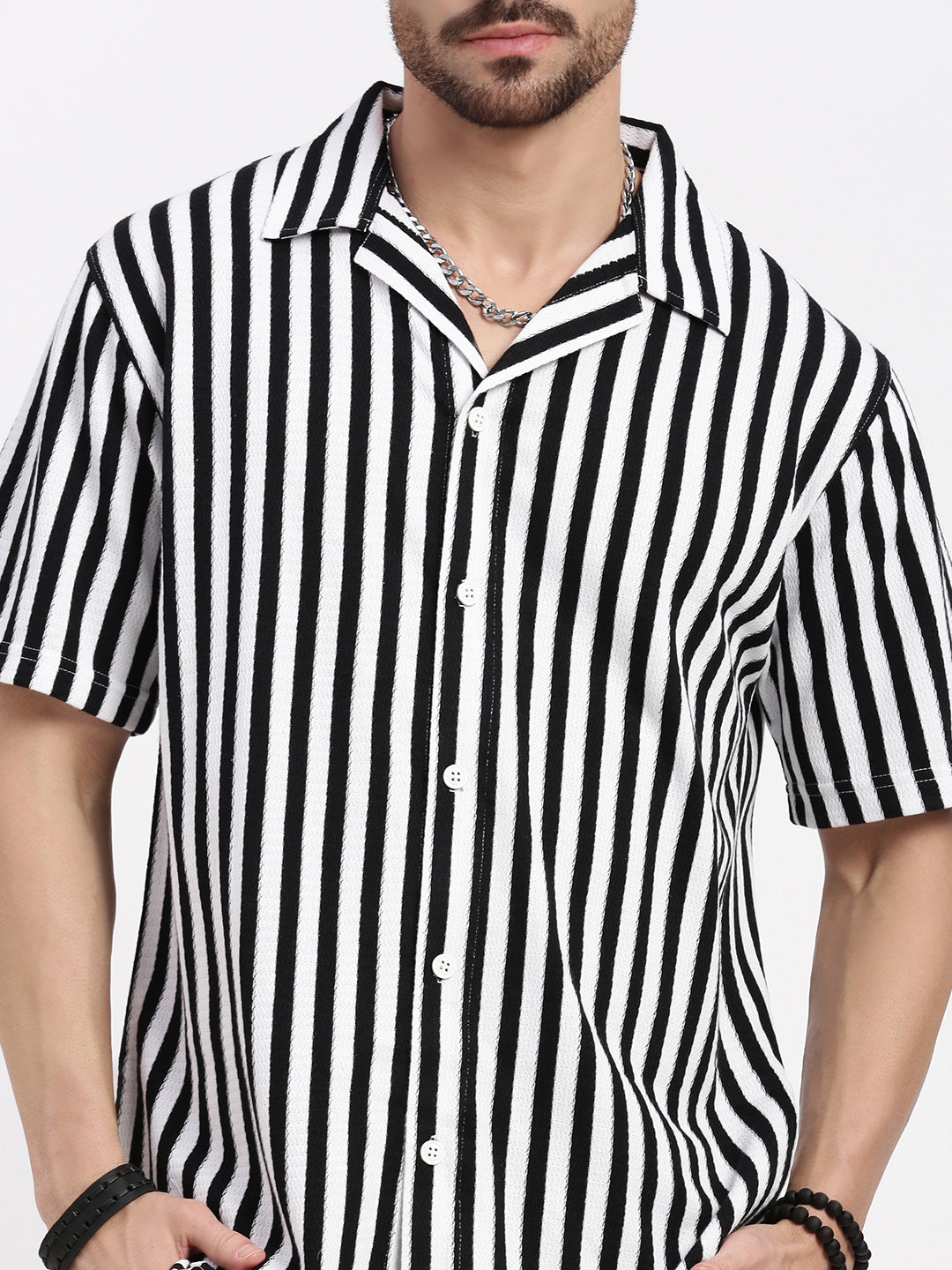 Men Black Cuban Collar Striped Shirt