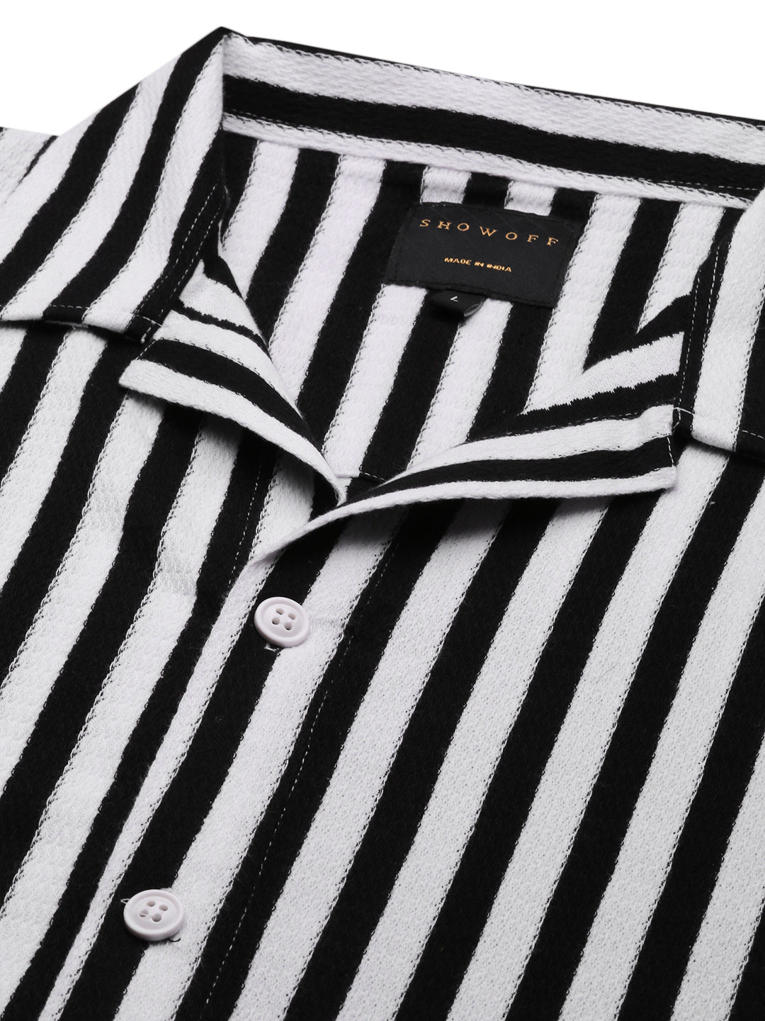 Men Black Cuban Collar Striped Shirt