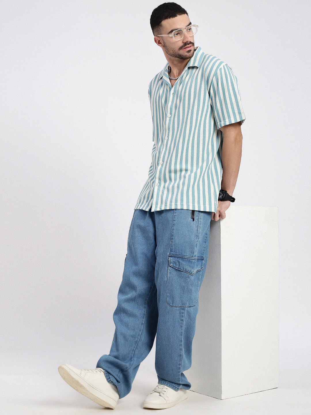 Men Blue Cuban Collar Striped Shirt