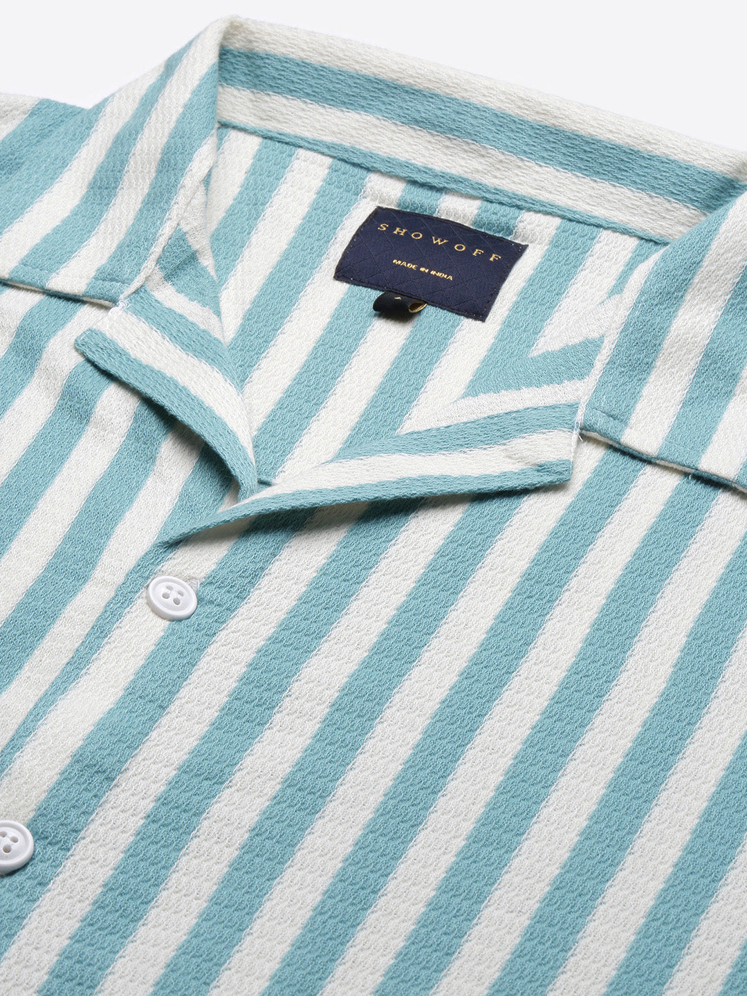 Men Blue Cuban Collar Striped Shirt