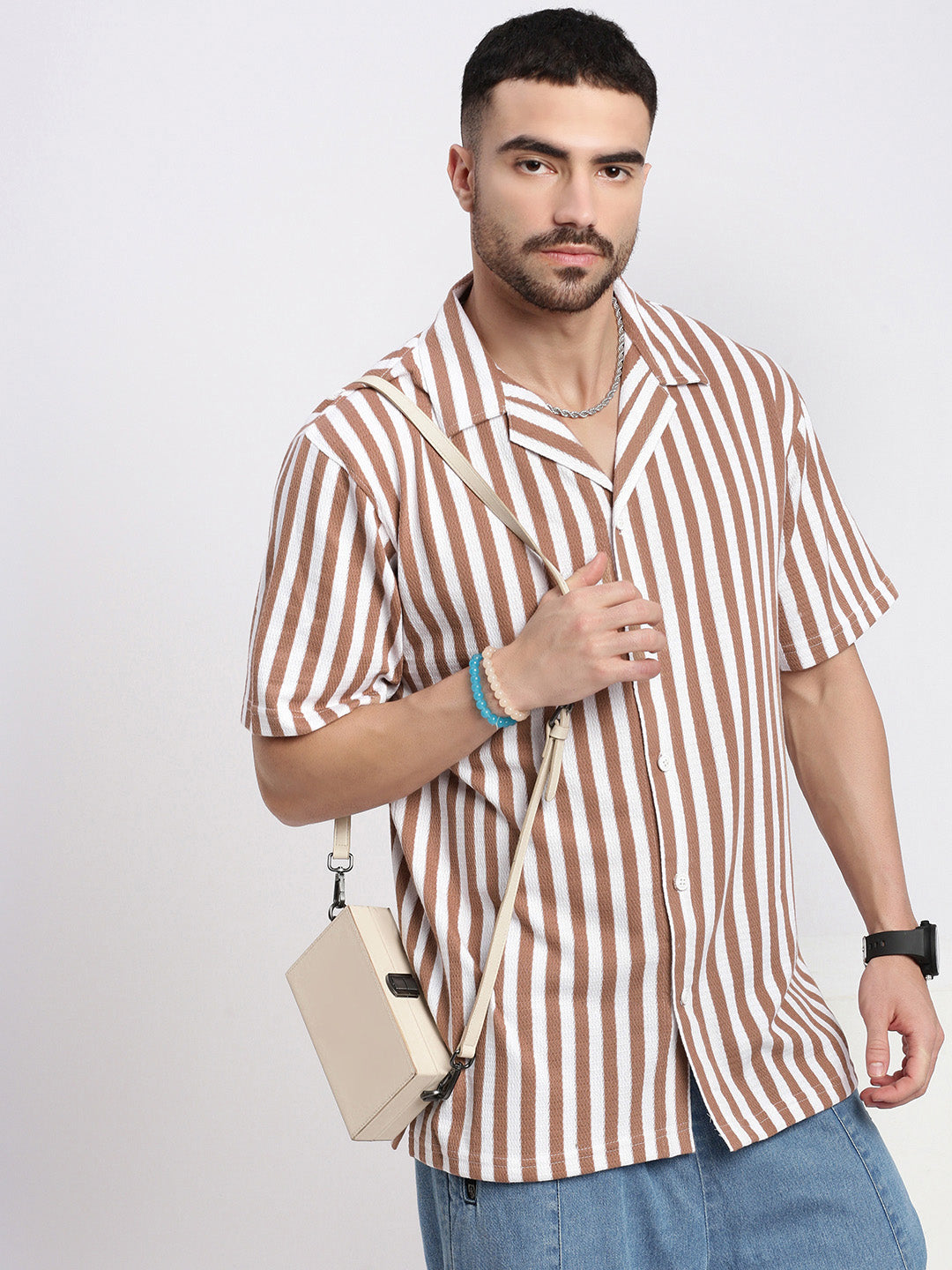 Men Brown Cuban Collar Striped Shirt