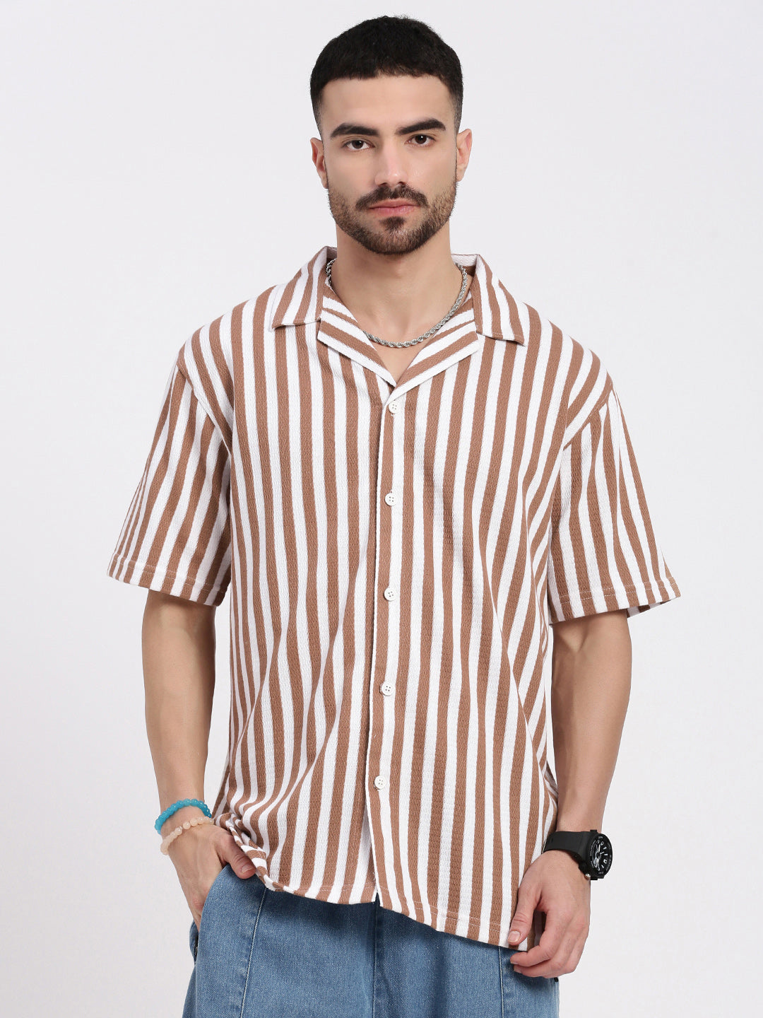 Men Brown Cuban Collar Striped Shirt