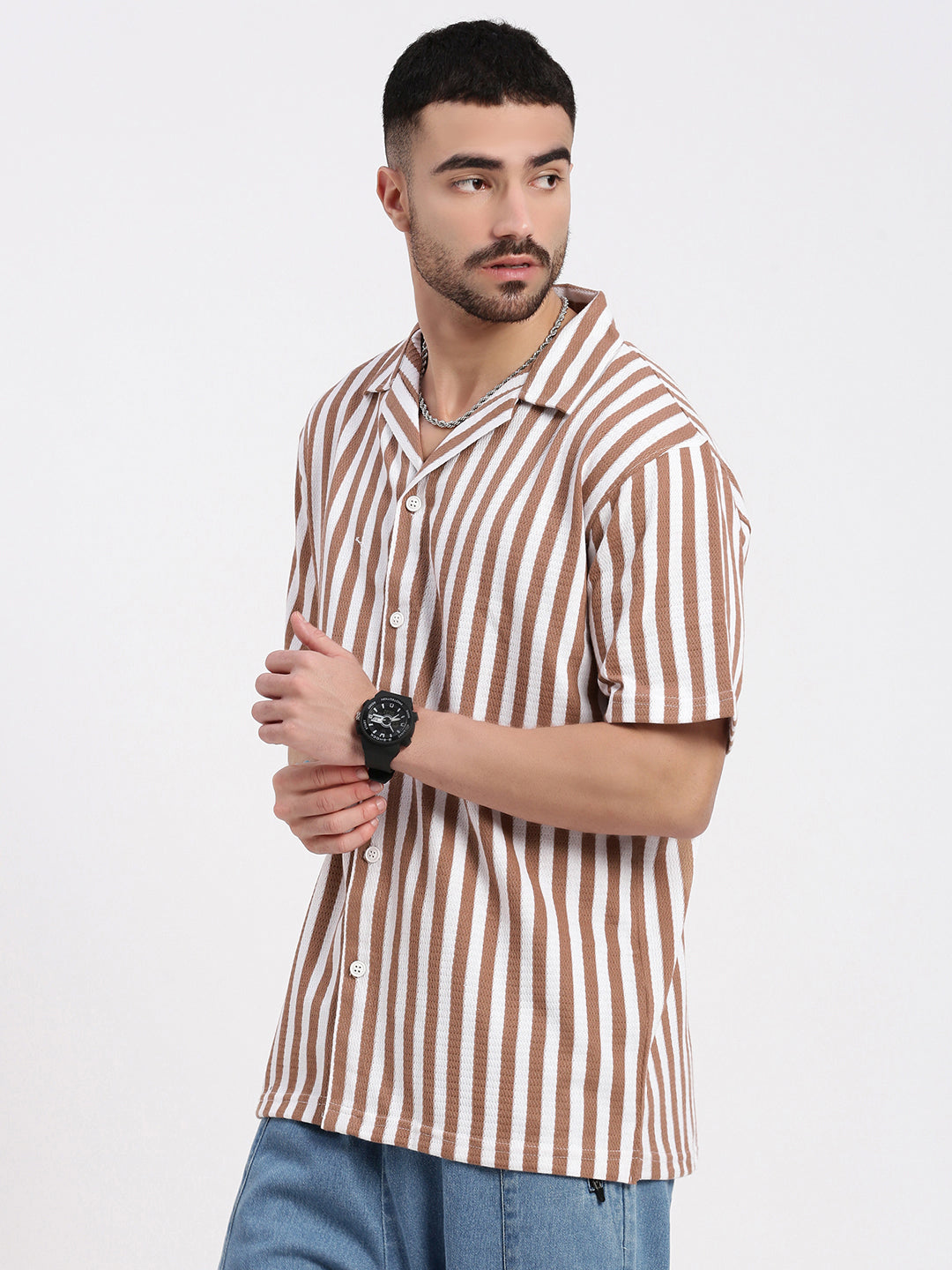 Men Brown Cuban Collar Striped Shirt