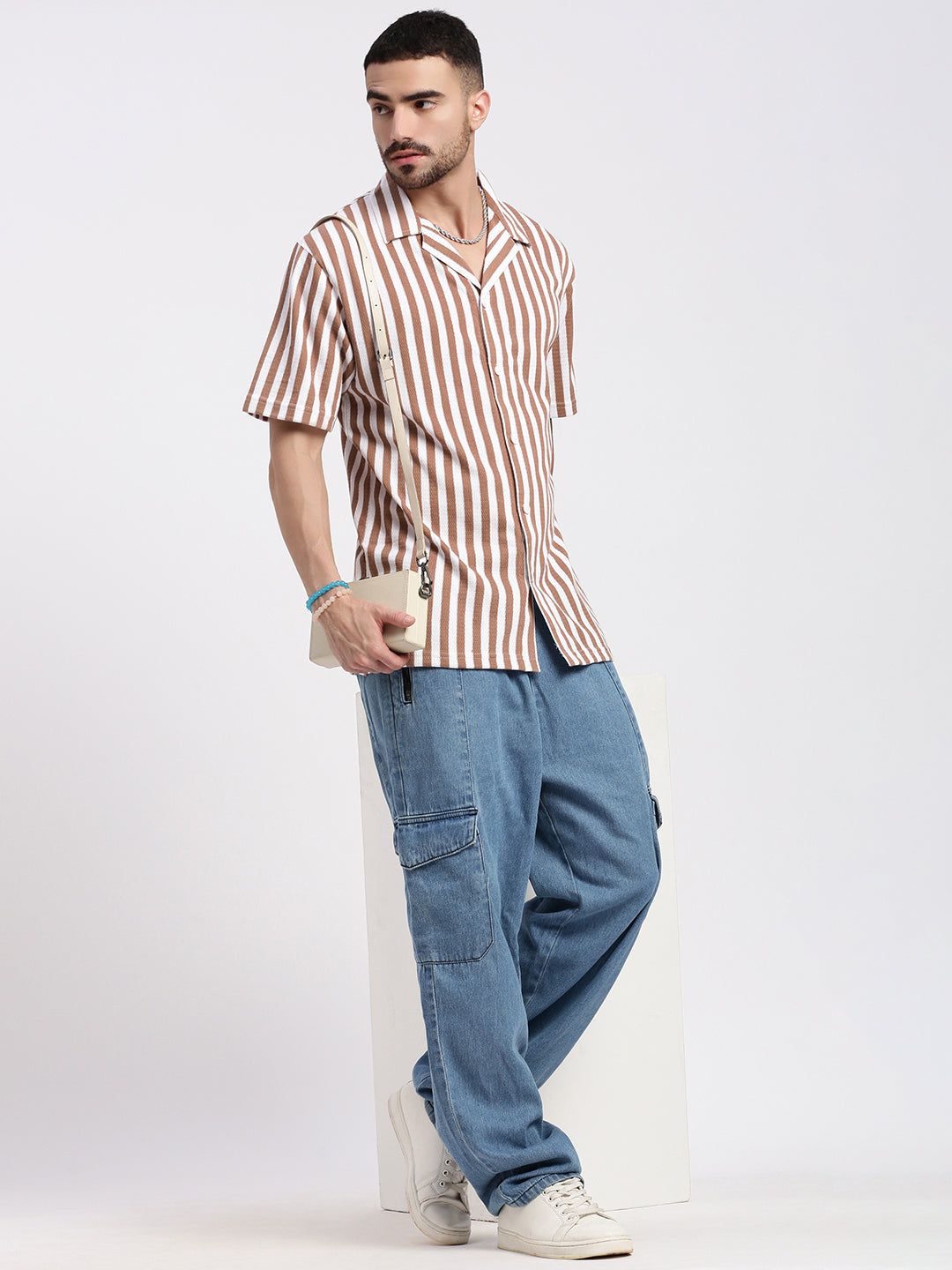 Men Brown Cuban Collar Striped Shirt