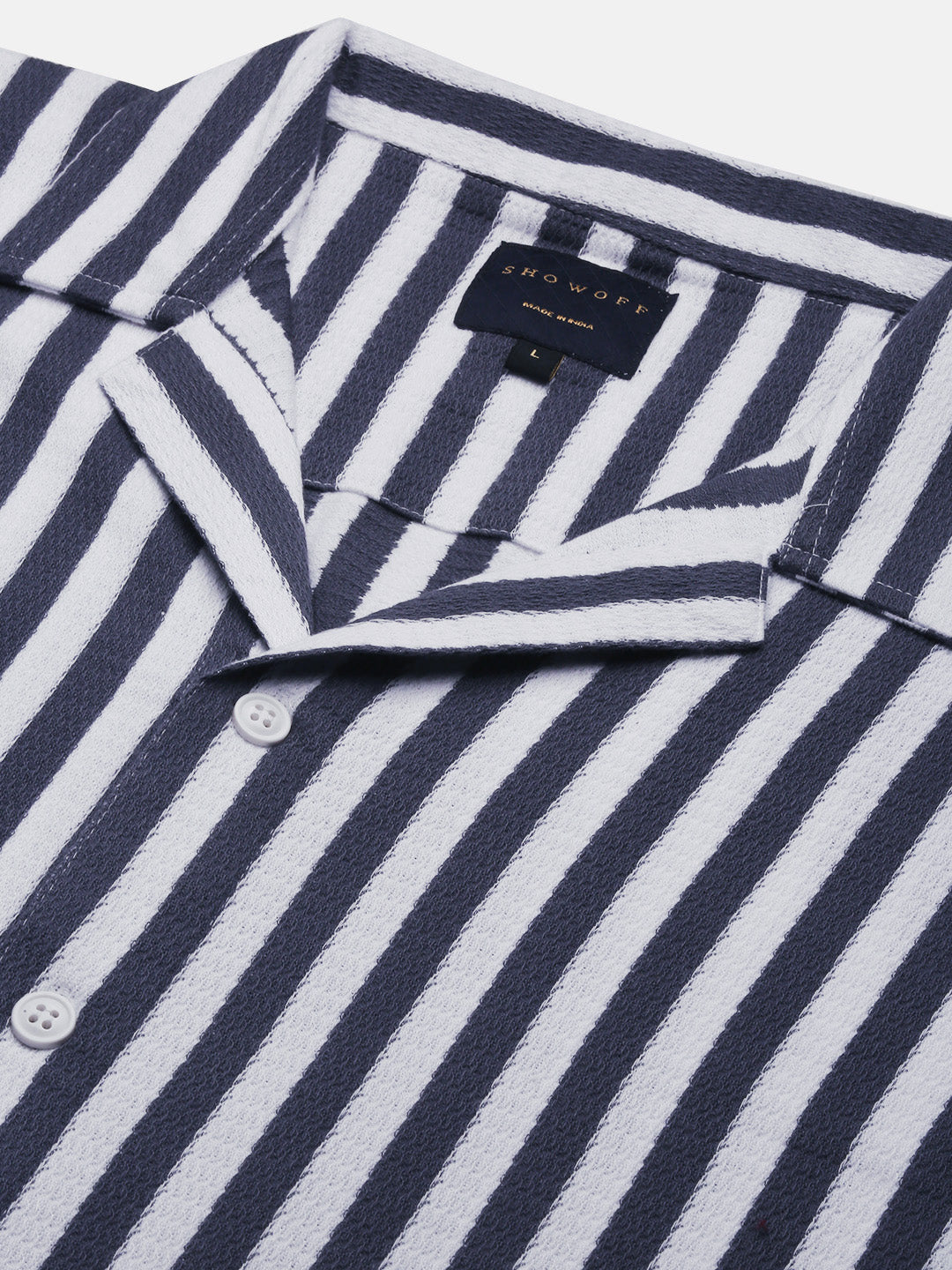 Men Grey Cuban Collar Striped Shirt