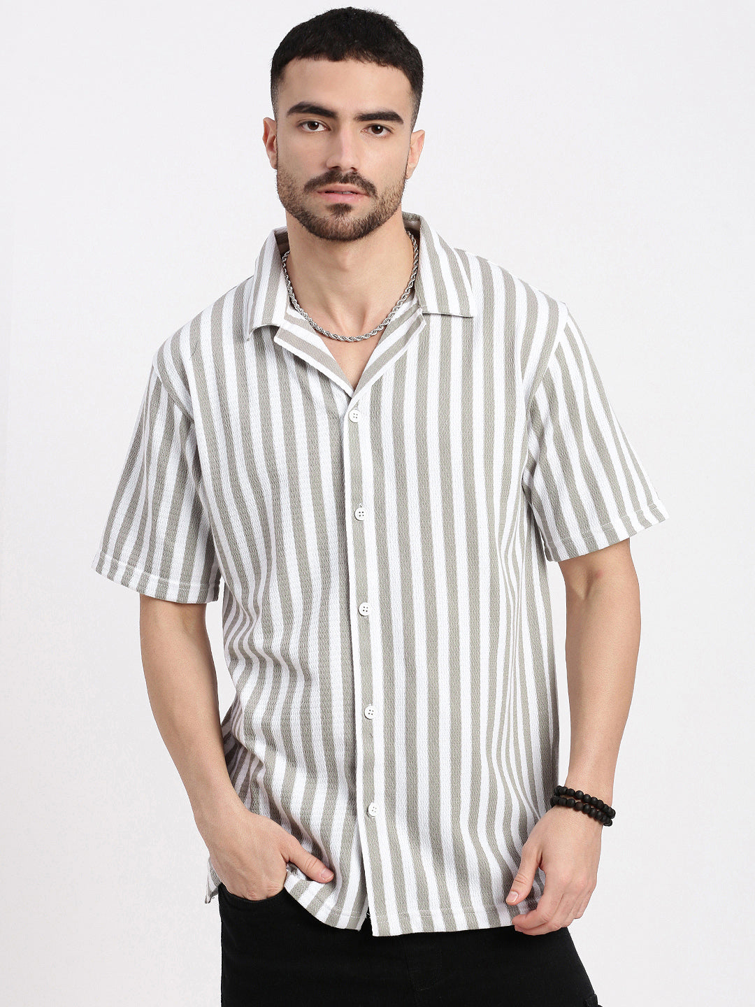 Men Grey Cuban Collar Striped Shirt