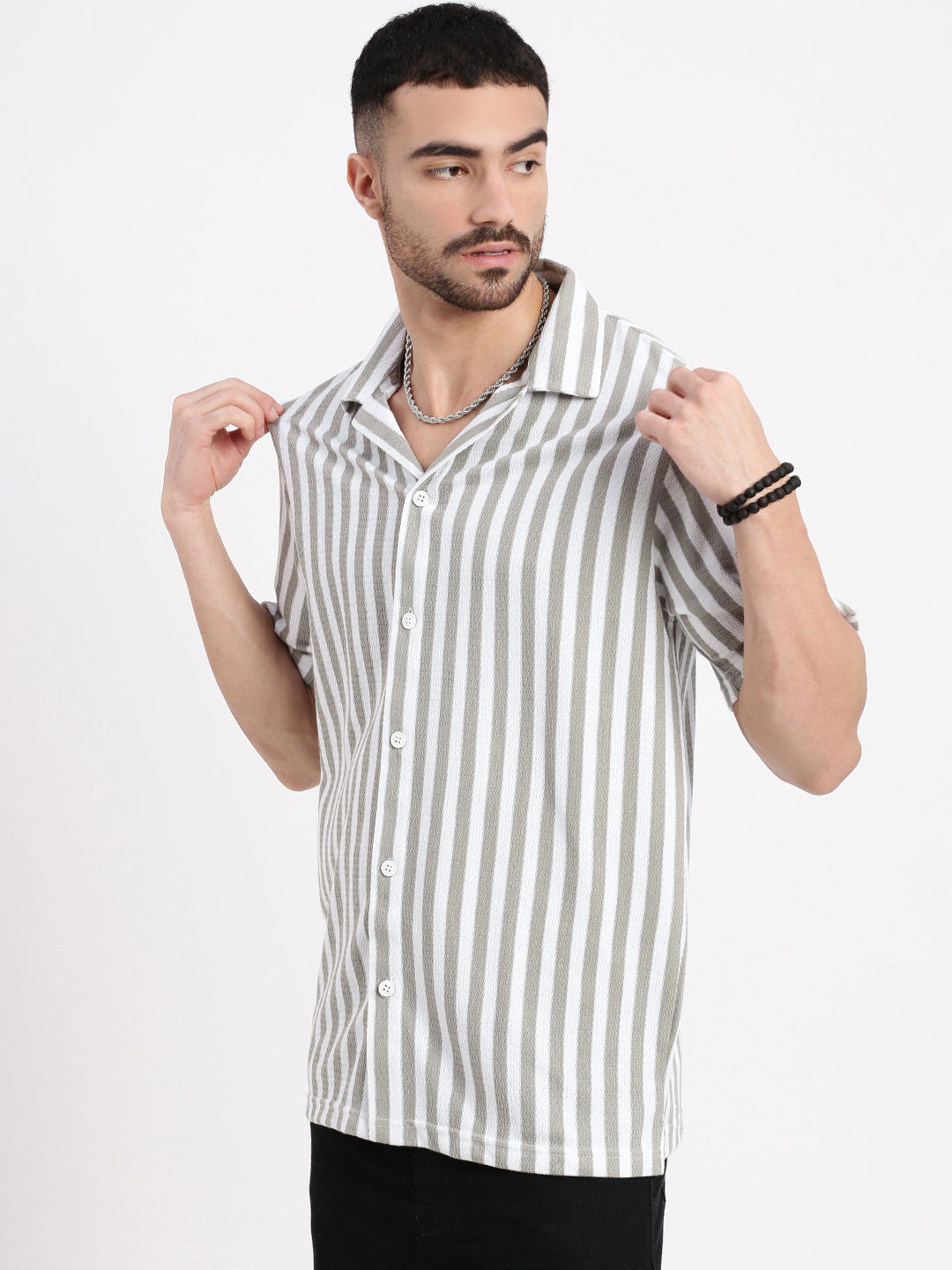 Men Grey Cuban Collar Striped Shirt