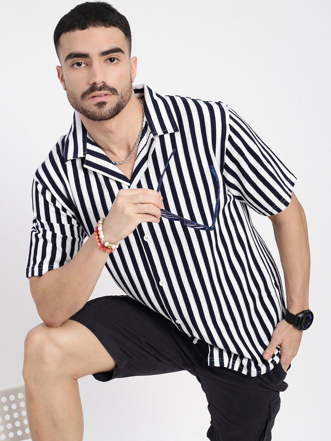 Men Navy Blue Cuban Collar Striped Shirt