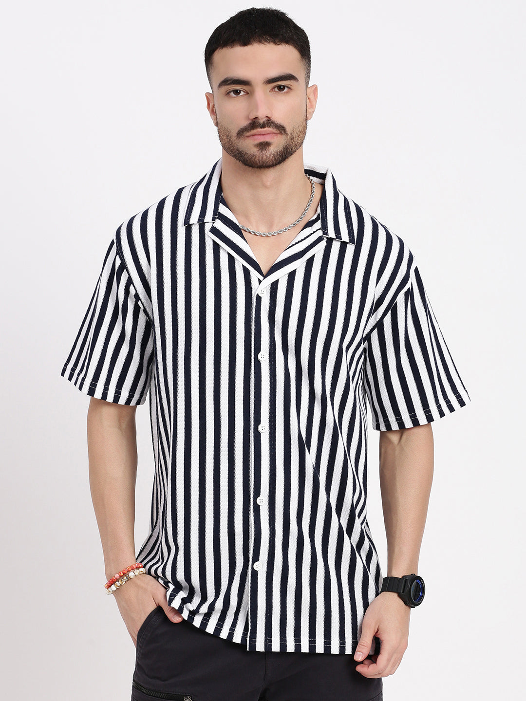 Men Navy Blue Cuban Collar Striped Shirt