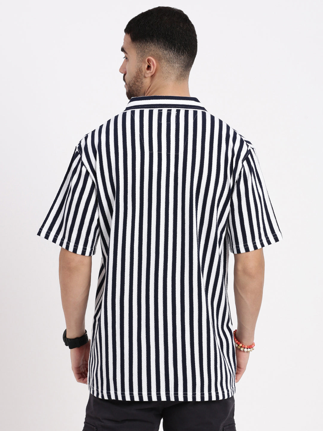 Men Navy Blue Cuban Collar Striped Shirt