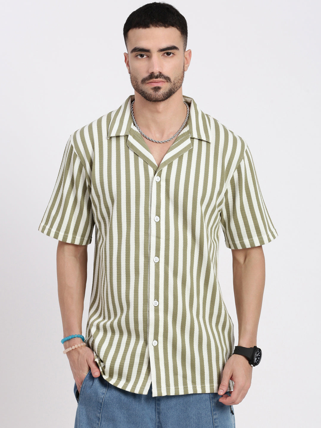 Men Olive Cuban Collar Striped Shirt