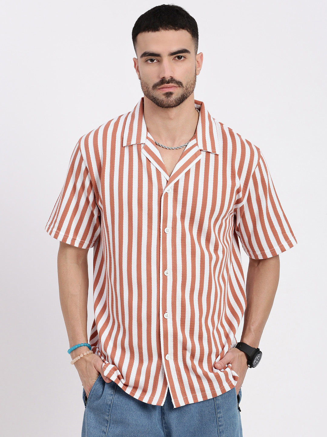 Men Orange Cuban Collar Striped Shirt